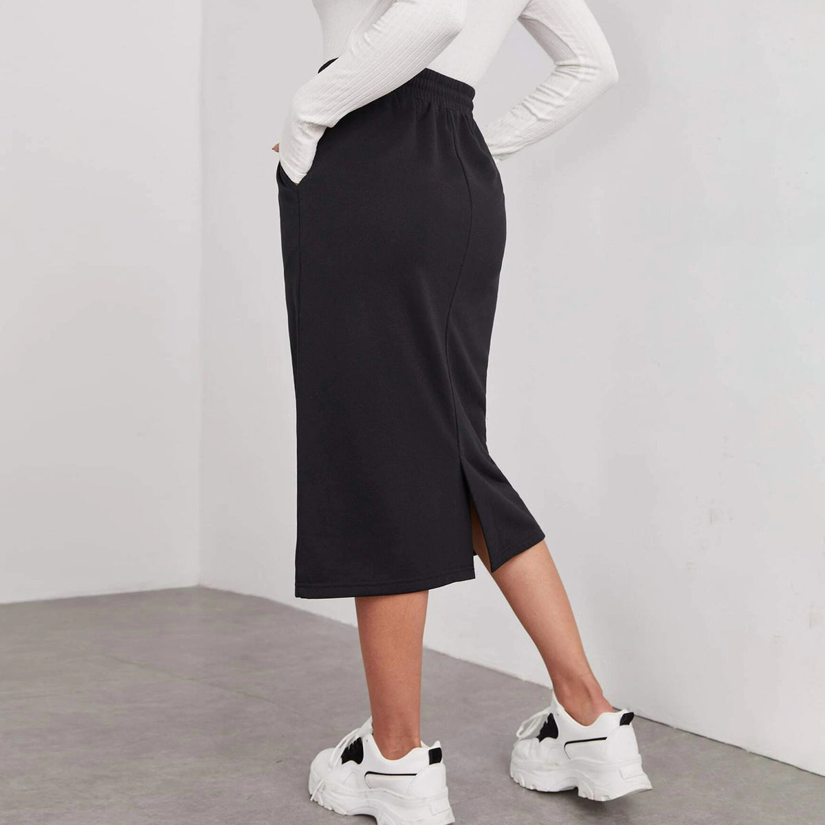 A- Line Pure Color Elastic Waist Mid-length Skirts