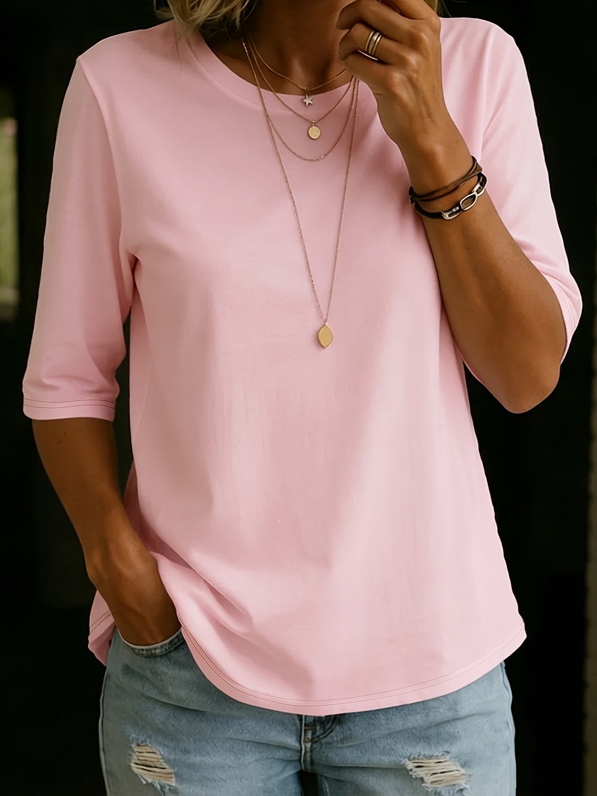 Women's Casual Round Neck Shoulder Half Sleeve Women's T-shirt
