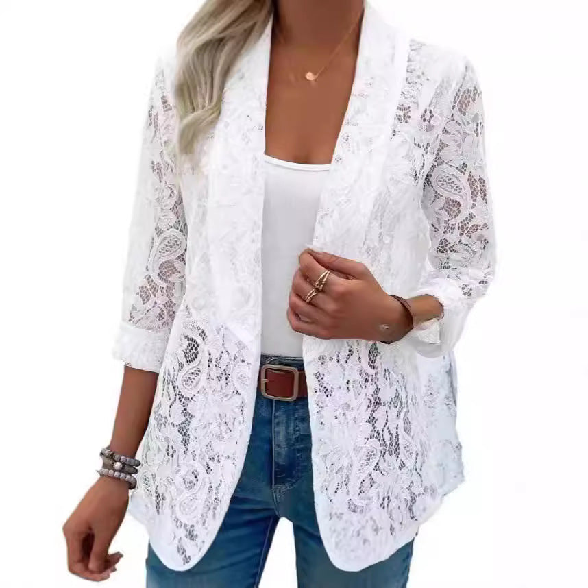 Women's Western Style Solid Color Casual Outerwear Lace Shirt, Chiffon Shirt