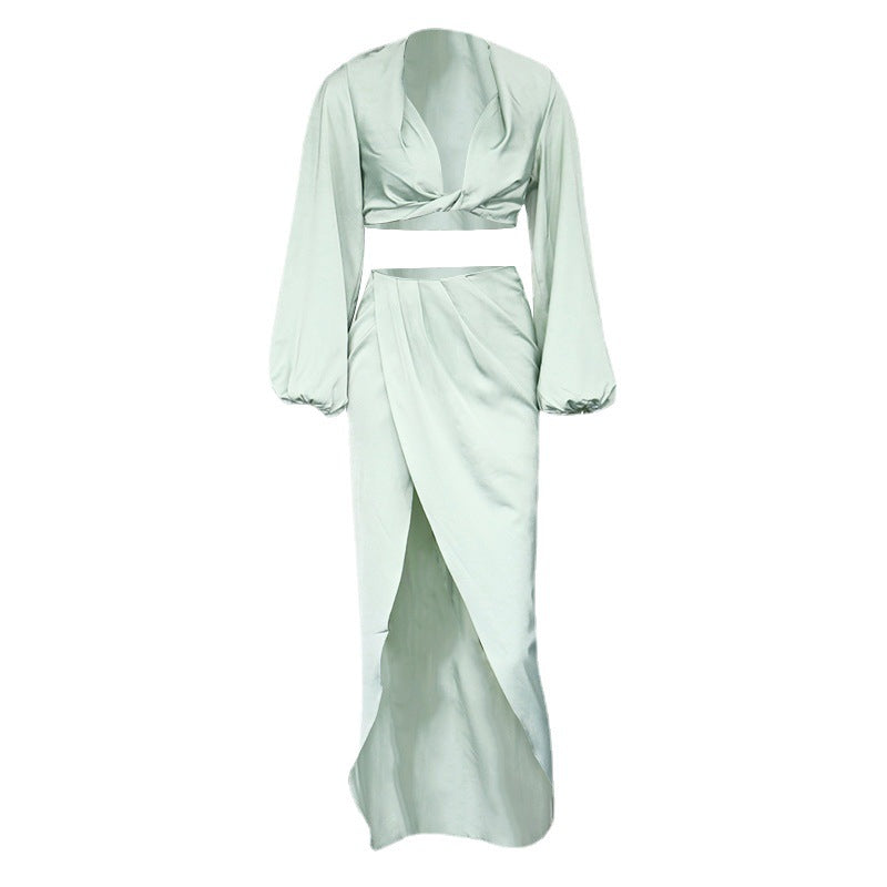 Women's Two-piece Satin Outfit Split Dress Fashion Casual Suit