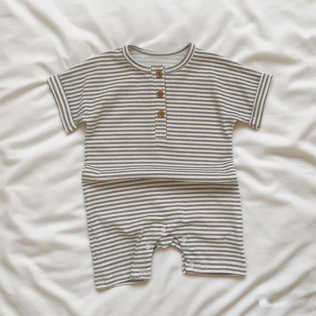 Summer Loose Short Sleeve Striped Cotton One-piece Romper Male Jumpsuit, Climbing Suit