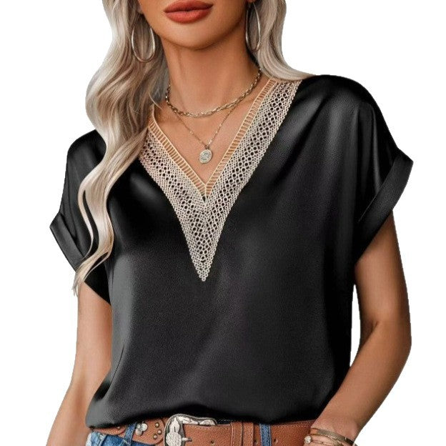 Women's Elegant Fashion Solid Color Lace Stitching Women's T-shirt