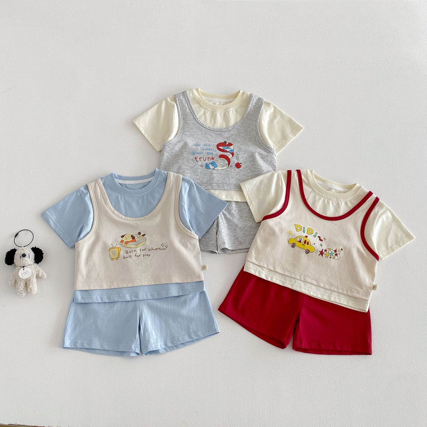 Children's Or Exchange Boy's Sportswear Summer Fake Two-piece Cartoon Printed T-shirt Children's Suit
