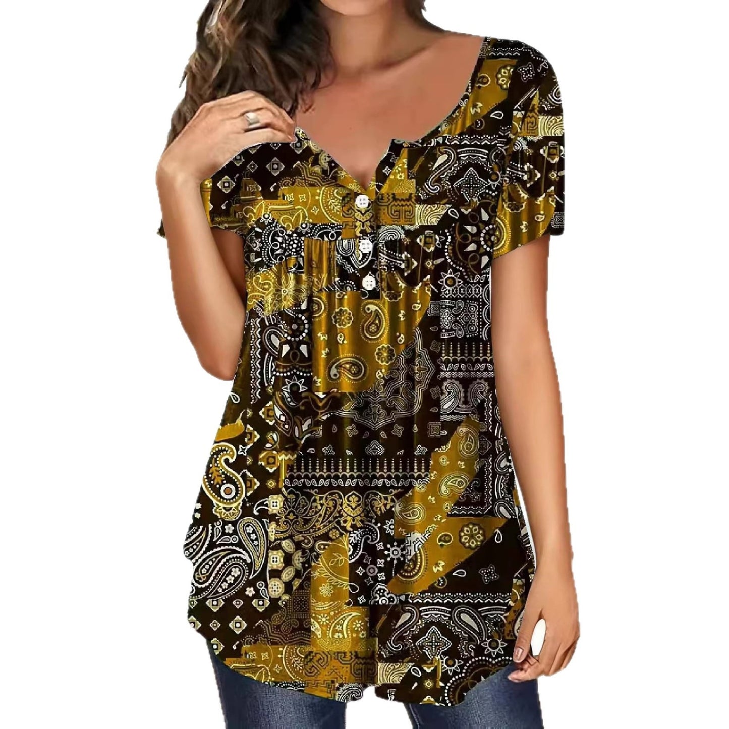 Women's Paisley Pattern Elegant Loose Button Ladies Women's T-shirt