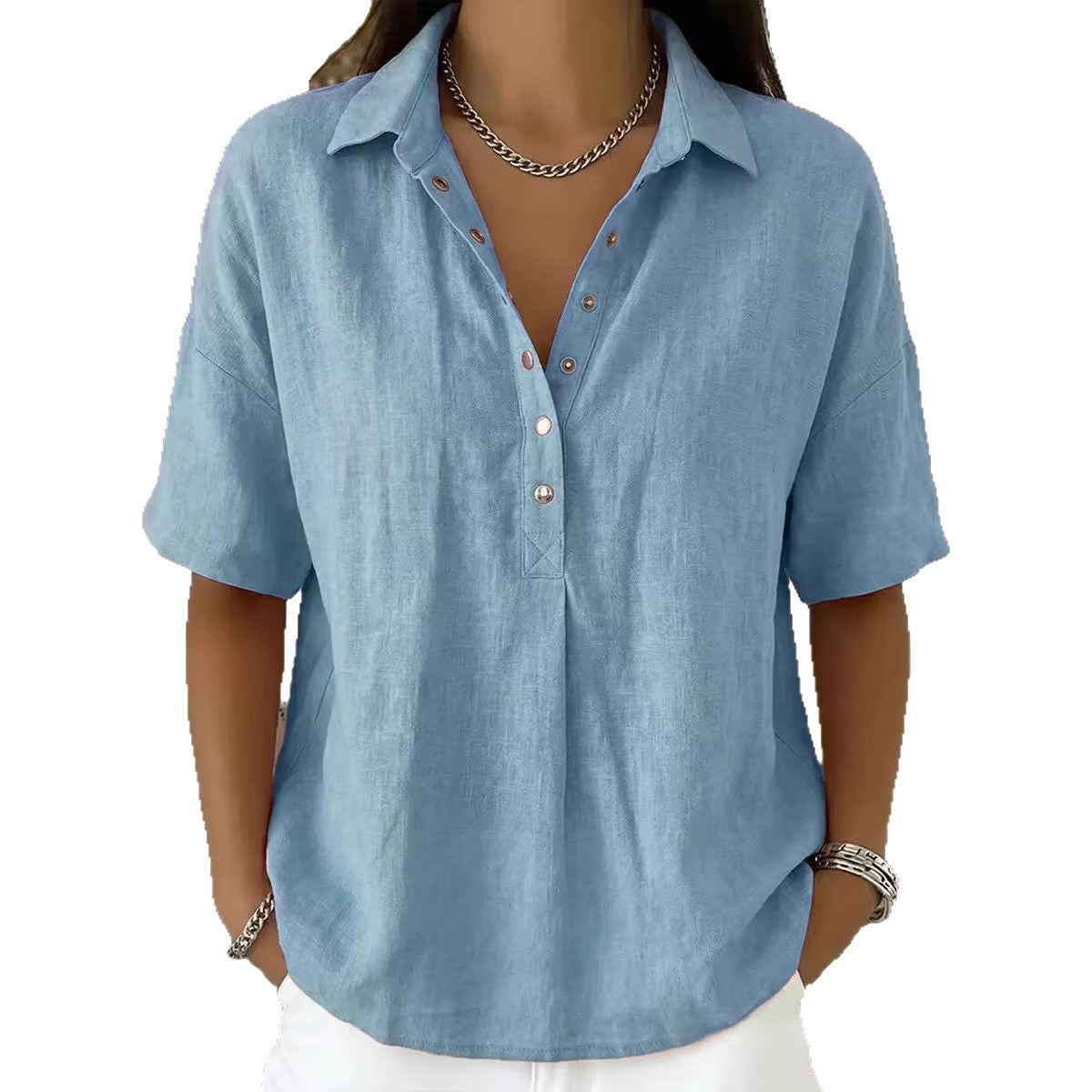 Women's Summer Loose Snap Fastener Lapel Sleeve Solid Color Women's T-shirt