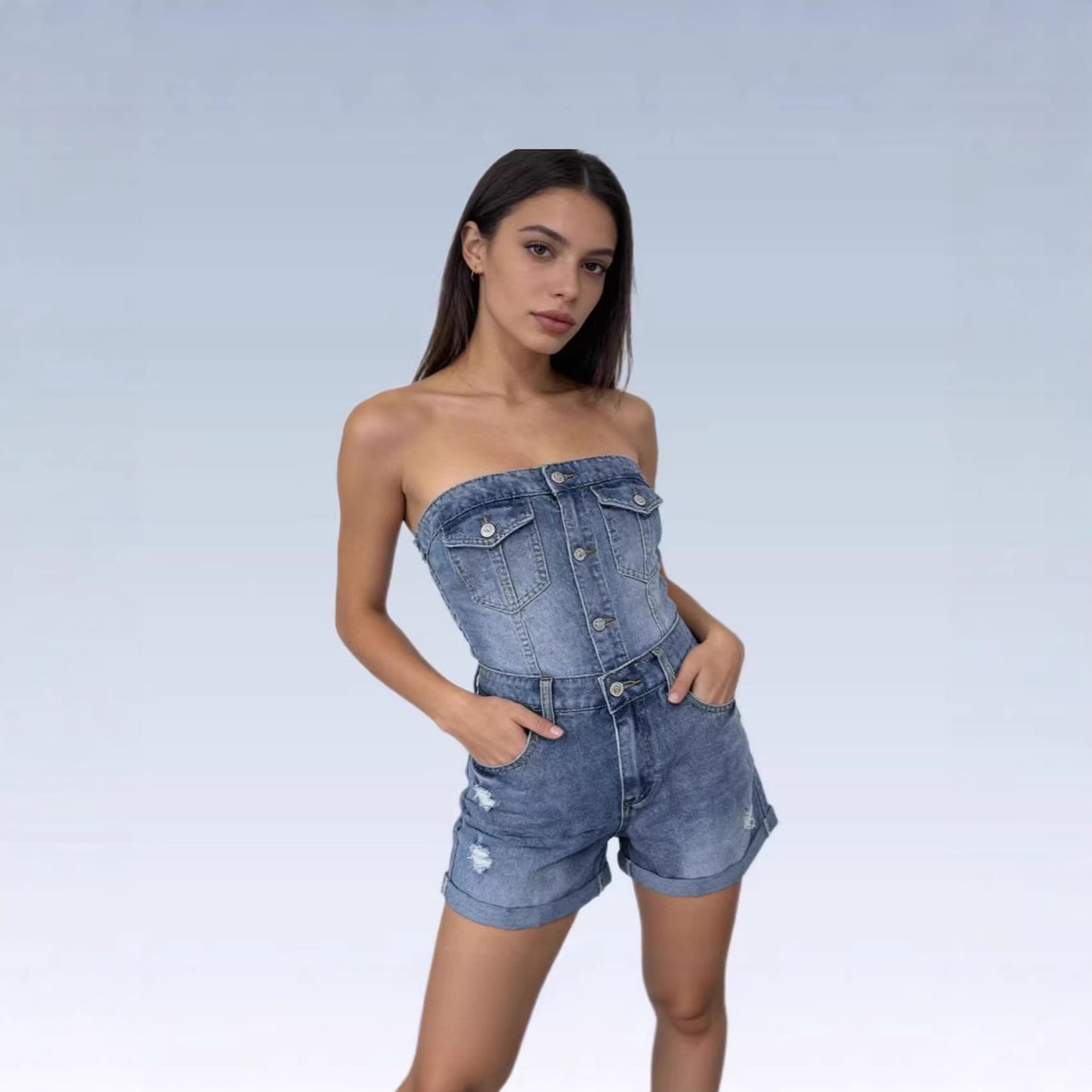 Women's High Waist Retro Worn-out Flanging Distressed Denim Summer Sexy Pants