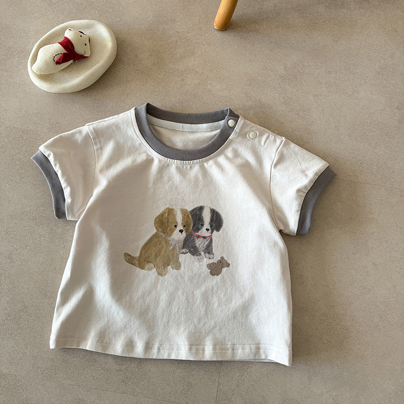 Summer Contrast Color Neckline Cartoon Print Short Sleeve Infant Versatile Children's T-shirt