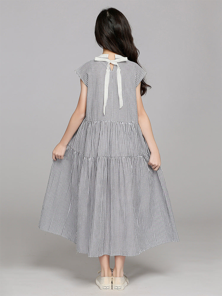 Small Teen Striped Summer Sleeveless Stand Collar Children's Dress