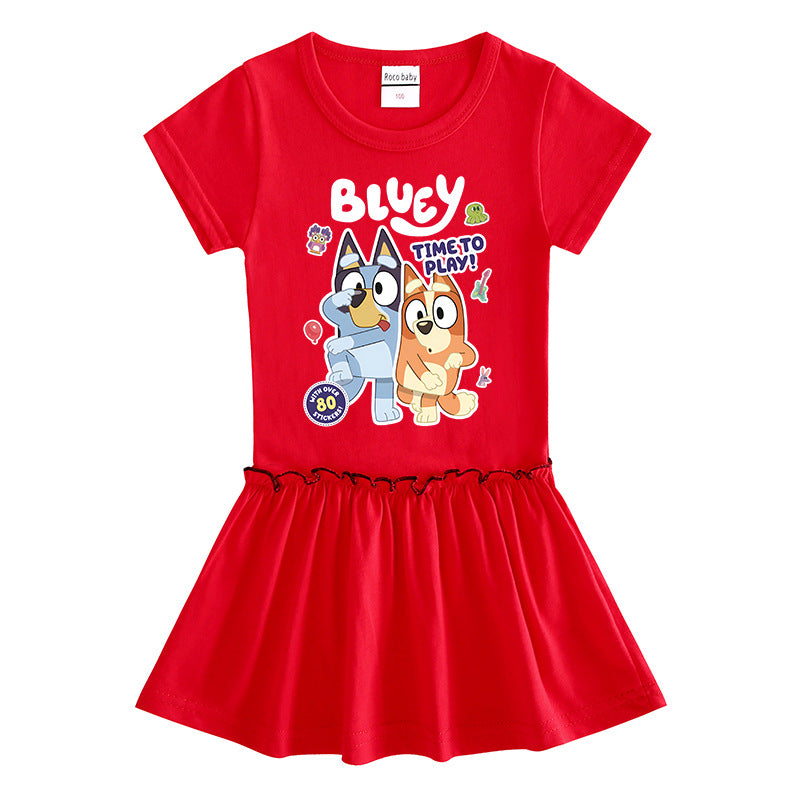 Children's Clothing Cartoon Half Sleeve Contrast Color Fashionable Pleated Children's Dress