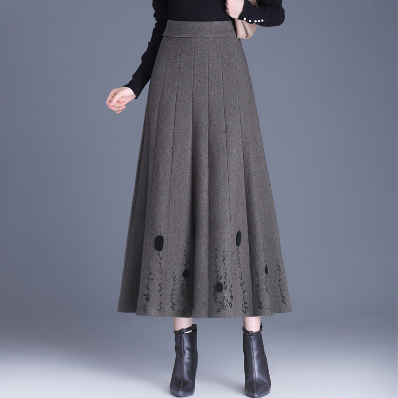 Women's High Waist Wool Big Hem A- Line Knitted Dress Pleated Skirt