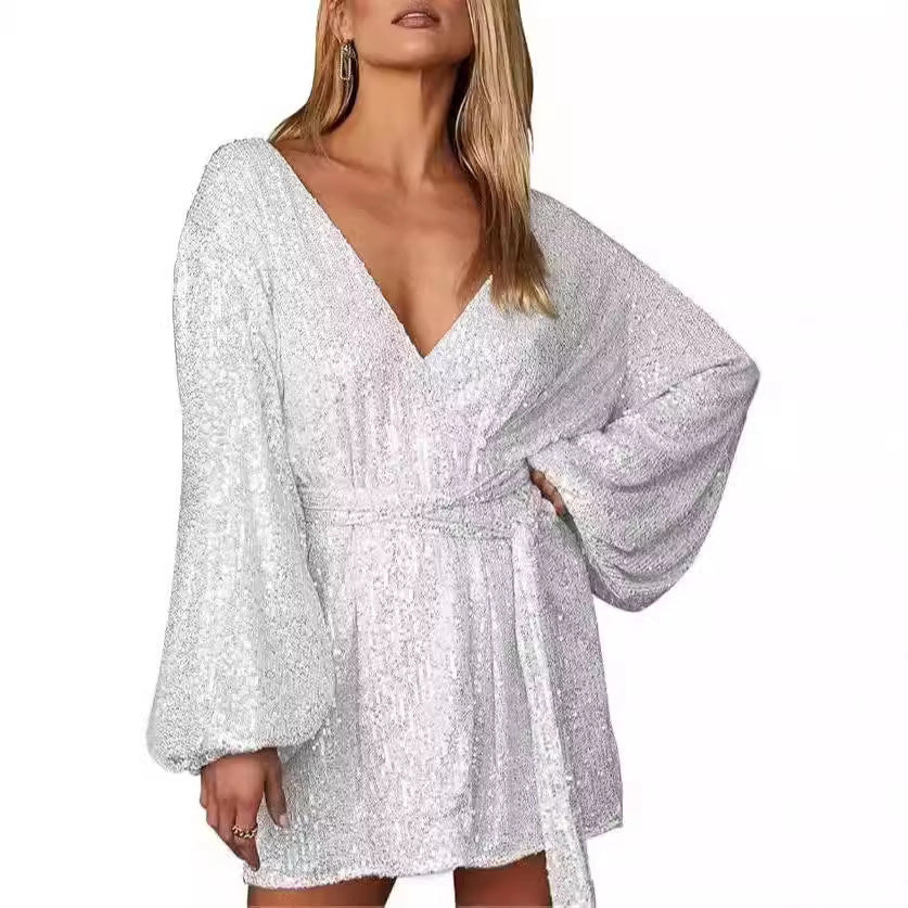 Women's Sequined Mini Slim Dress Collar Long-sleeved Bubble Sleeve Glitter Wrap-around Skirt