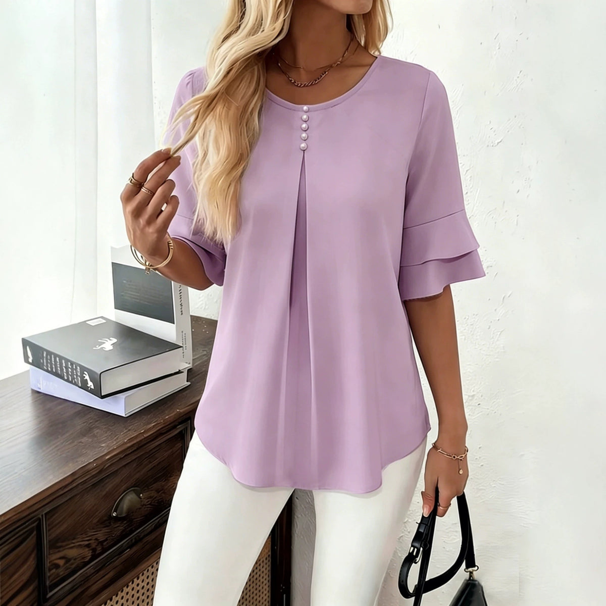 Women's Casual Comfortable Loose Slimming Double Layer Ruffled Blouse