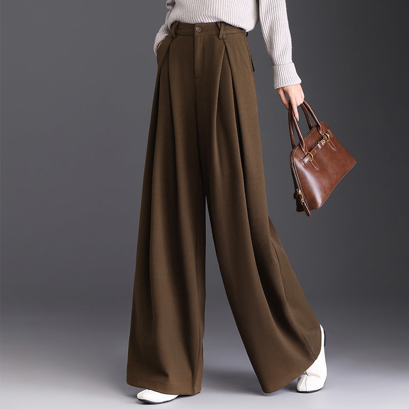 Women's Woolen High Waist Commuter Loose Cover Wide Leg Draping Casual Pants