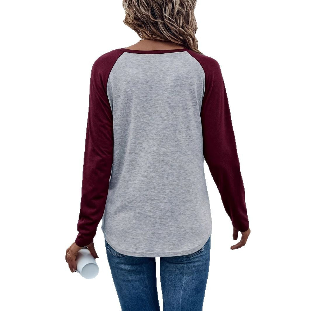 Women's In Contrast Color Pullover Long Sleeve Simple Women's T-shirt