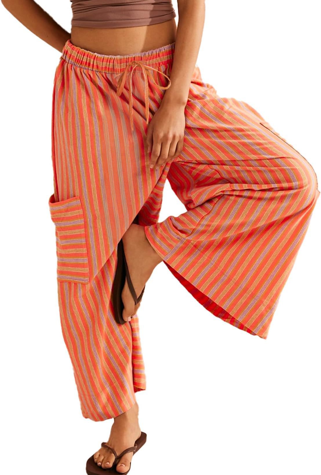 Women's Striped Drawstring Wide Leg Beach Breathable Pants