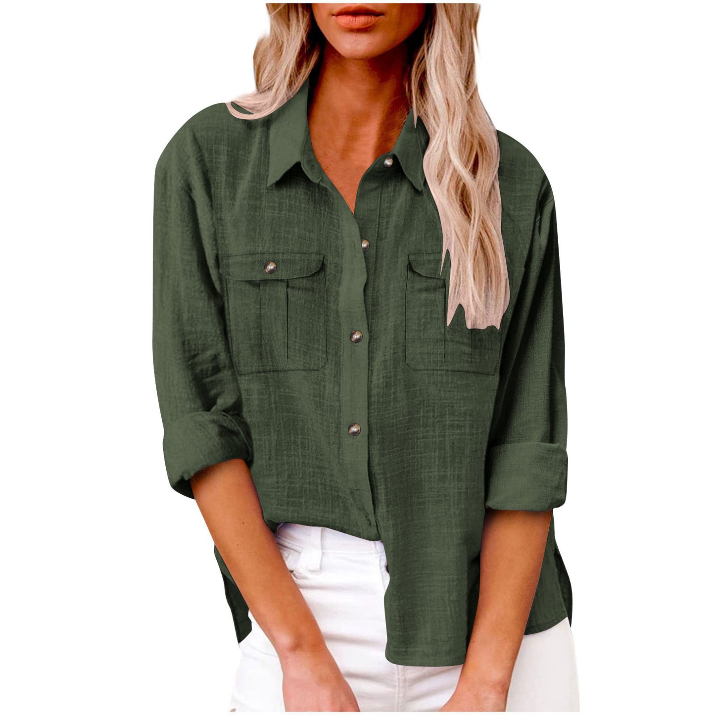 Women's Pocket Split Long Sleeve Cotton Linen Clothing