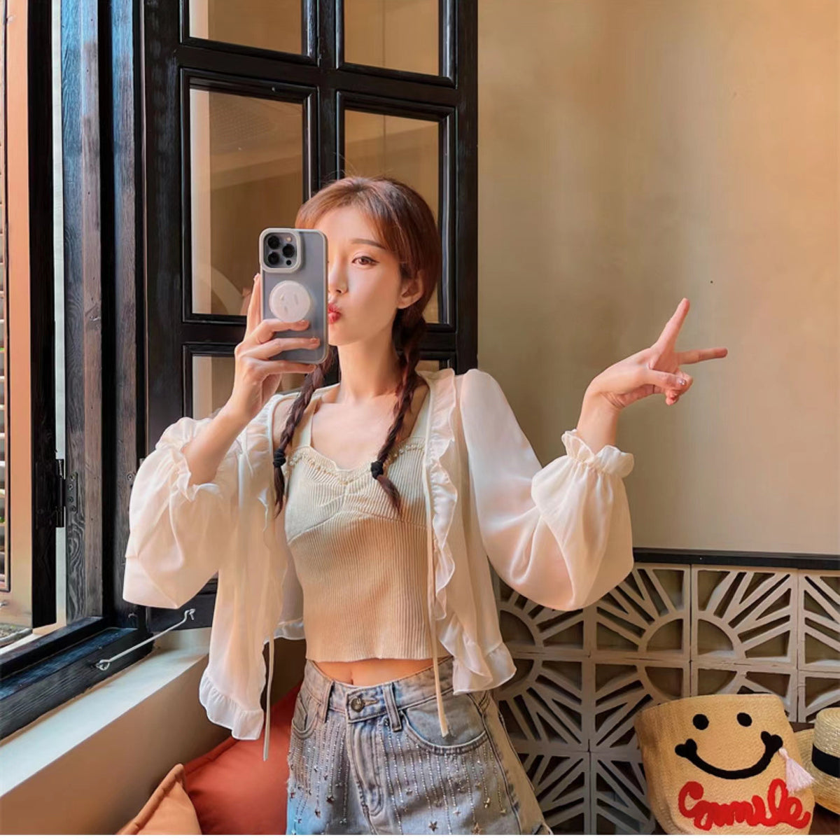 Women's Thin Summer Loose Long Sleeve With Suspender Distribution Strictly Lace Shirt, Chiffon Shirt
