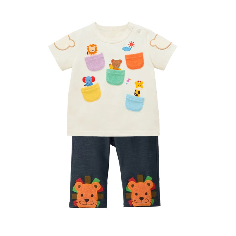 Children's Boys Cartoon Bear Zoo Pocket Short Children's T-shirt