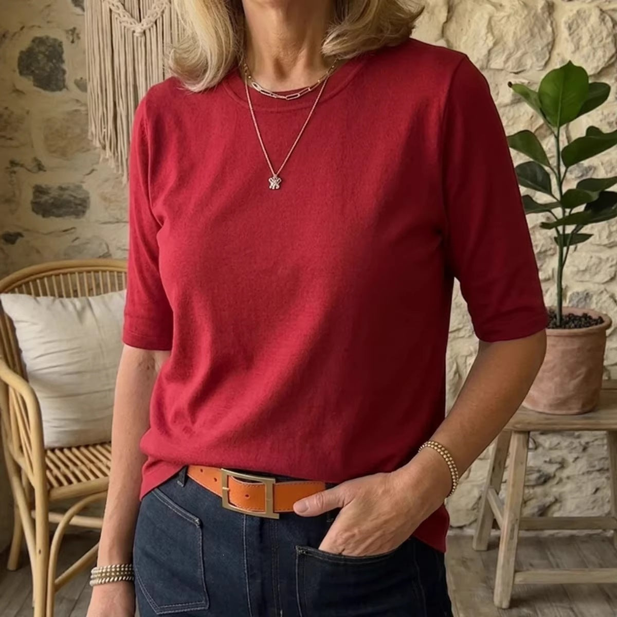 Women's Casual Round Neck Shoulder Half Sleeve Women's T-shirt