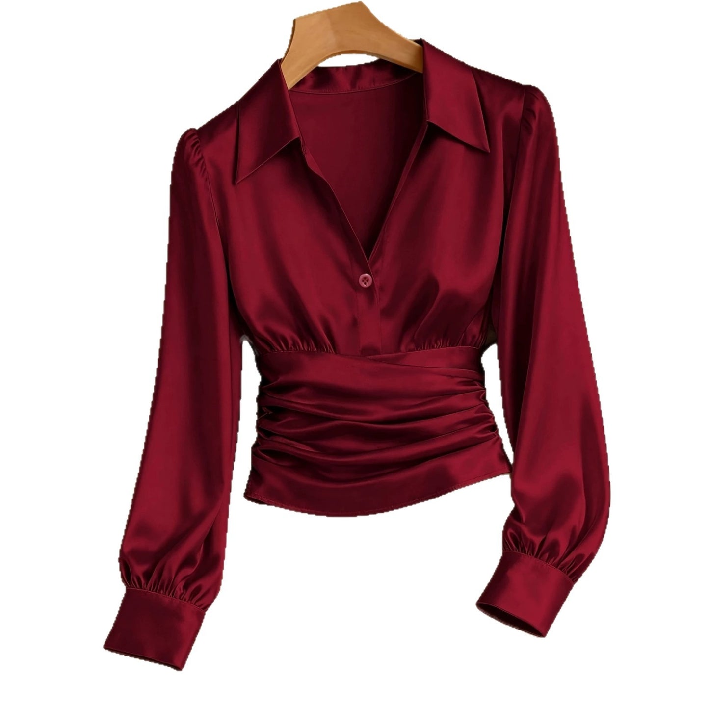 Women's Satin Lapel Shirt Autumn Waist Pleated Elegant Burgundy Collar Puff Blouse