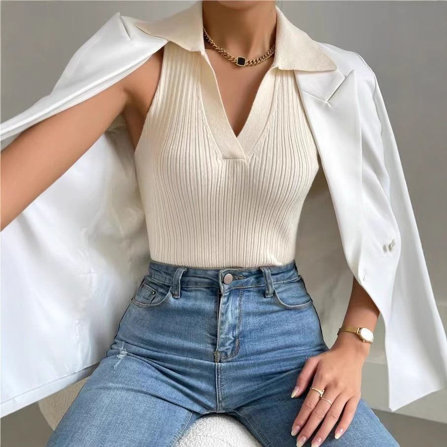 Women's Summer Solid Color Collar Casual Slim Sleeveless Knitted Shorts