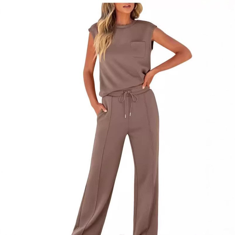 Women's Color Sleeveless High Waist Wide Leg Fashion Casual Suit