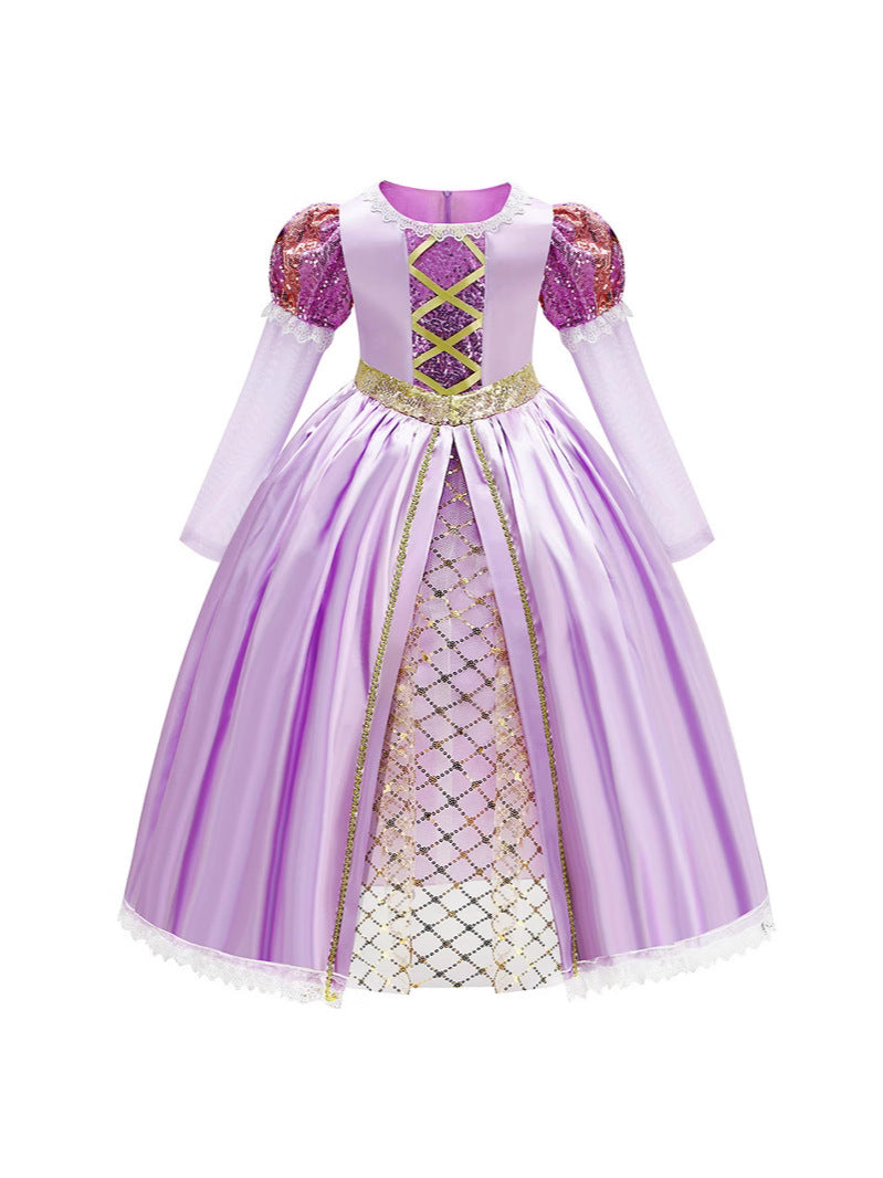 Children's Long Hair Princess Golden Big Bow Children's Dress