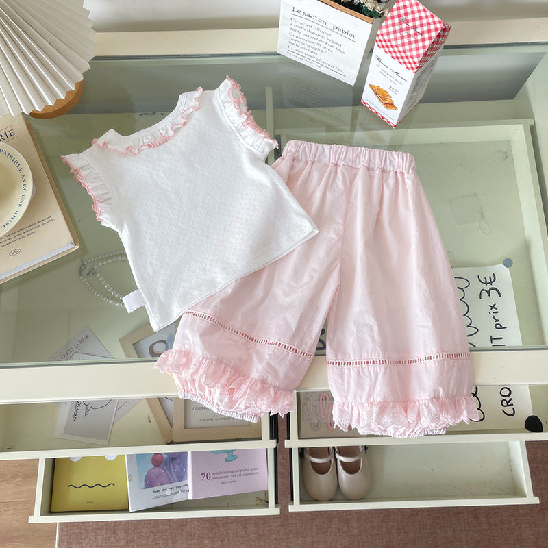 Fungus Flounced Sleeve Cartoon Vest Lace Edge Children's Suit