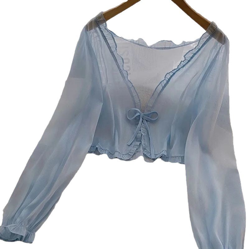 Women's Suspender Small Shawl Outerwear Cover-up Summer Sun Protection Super Lace Shirt, Chiffon Shirt