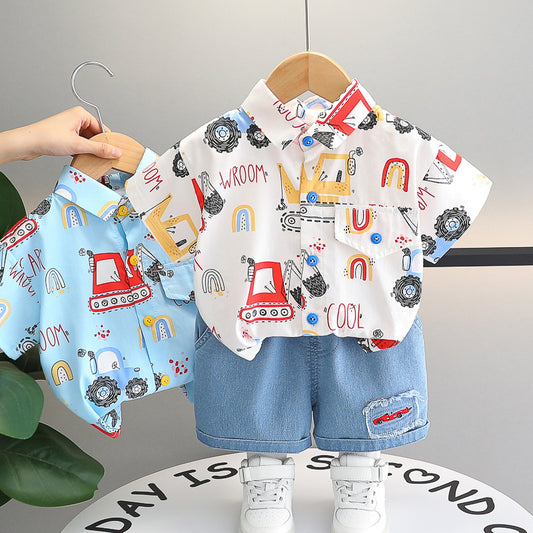 Summer Printed Lapel Shirt Short-sleeved Casual Denim Children's Suit