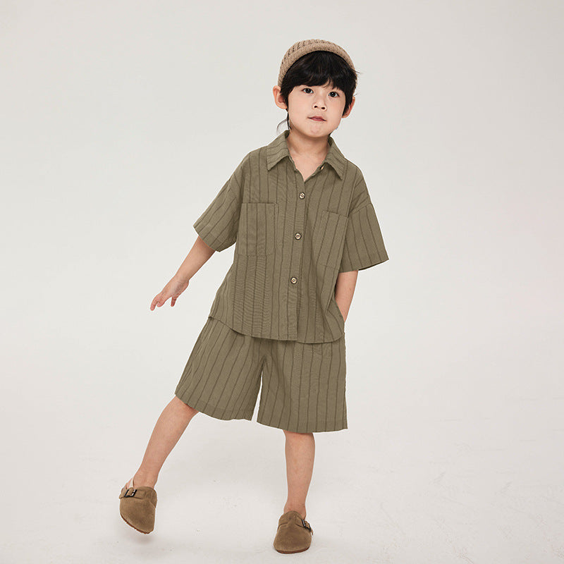 Children's Summer Cotton Linen Striped Shirt Short Sleeve Children's Suit