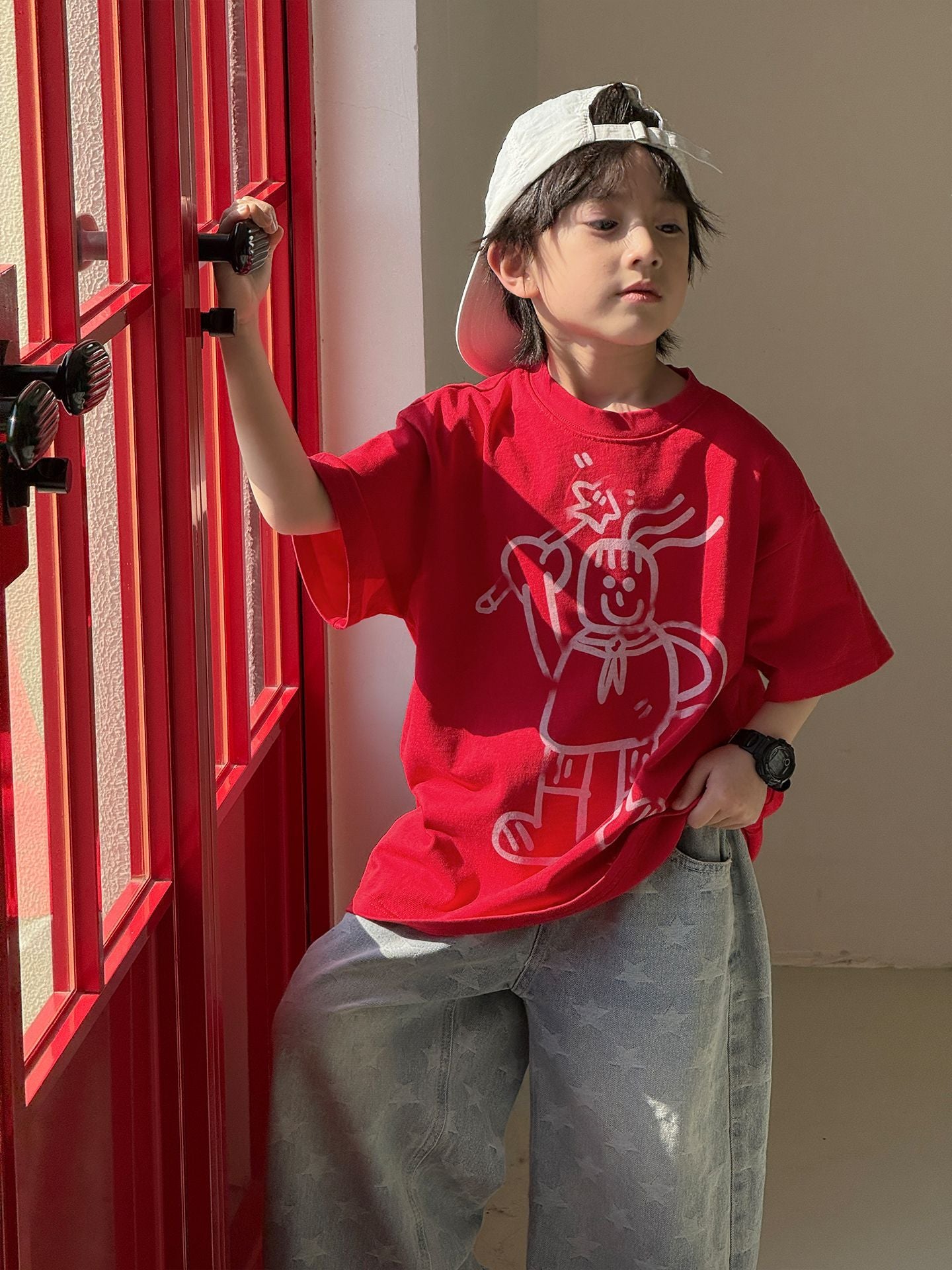 Children's Korean Style Cartoon Contrast Color Snowman Print Short Sleeve Casual Children's T-shirt
