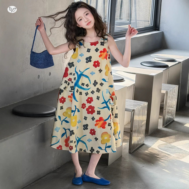 Children's Vest Vacation Style Beach Long Floral Children's Dress