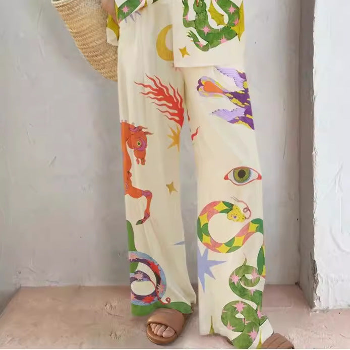 Women's Cartoon Printed Shirt Loose-fitting Trousers Set Fashion Casual Suit