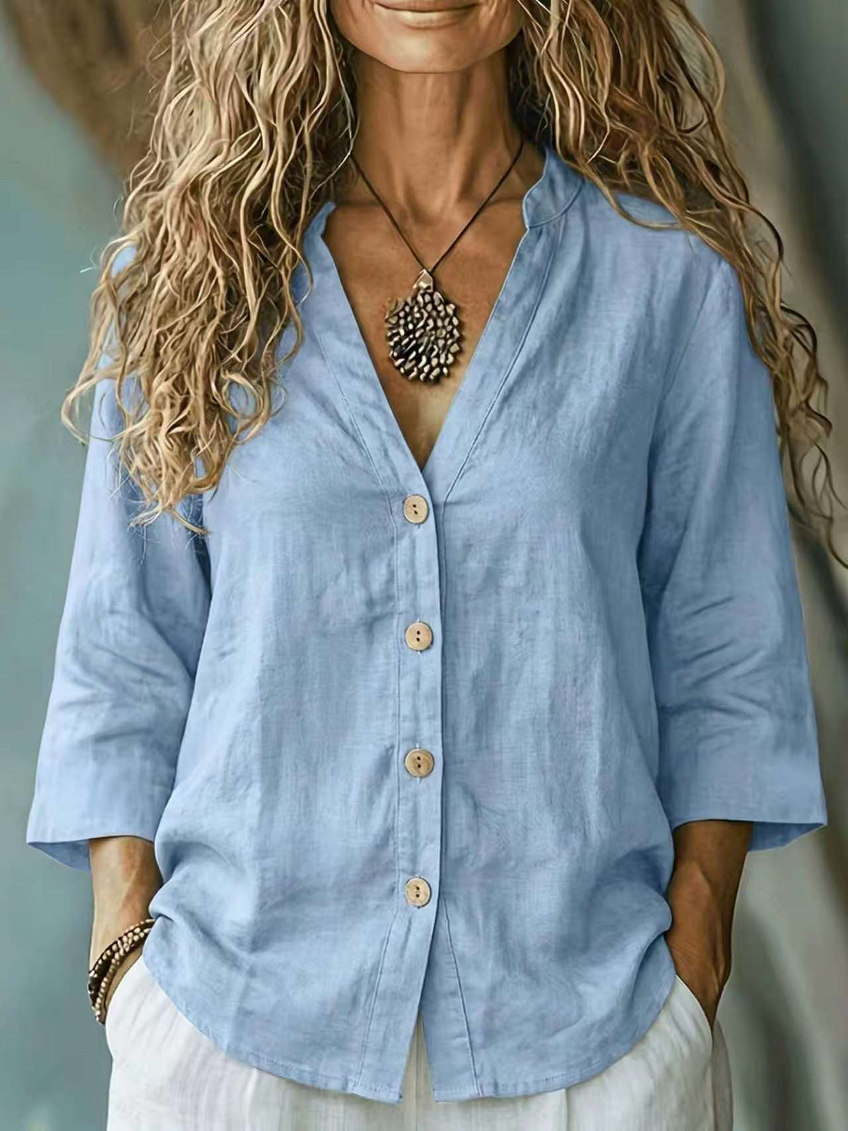 Women's Autumn Casual Loose Collar Button Linen Blouse