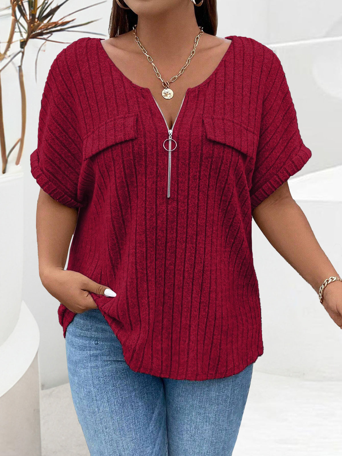 Women's Solid Color Clothes Zipper Sleeve Faux Pocket Pullover Tops