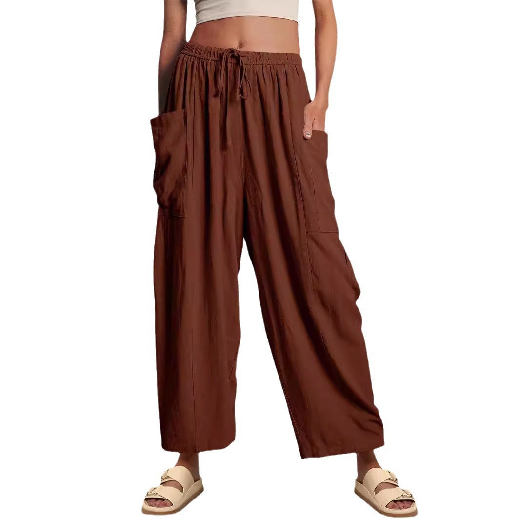 Women's Waist High Wide Leg Loose Cotton Linen Trousers Pants