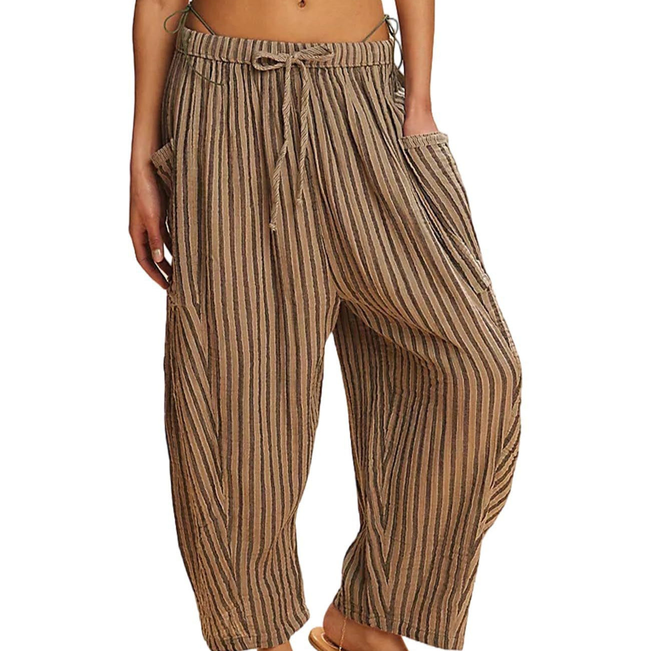 Women's Stripes Elastic Waist Cropped Pleated Breathable Casual Pants