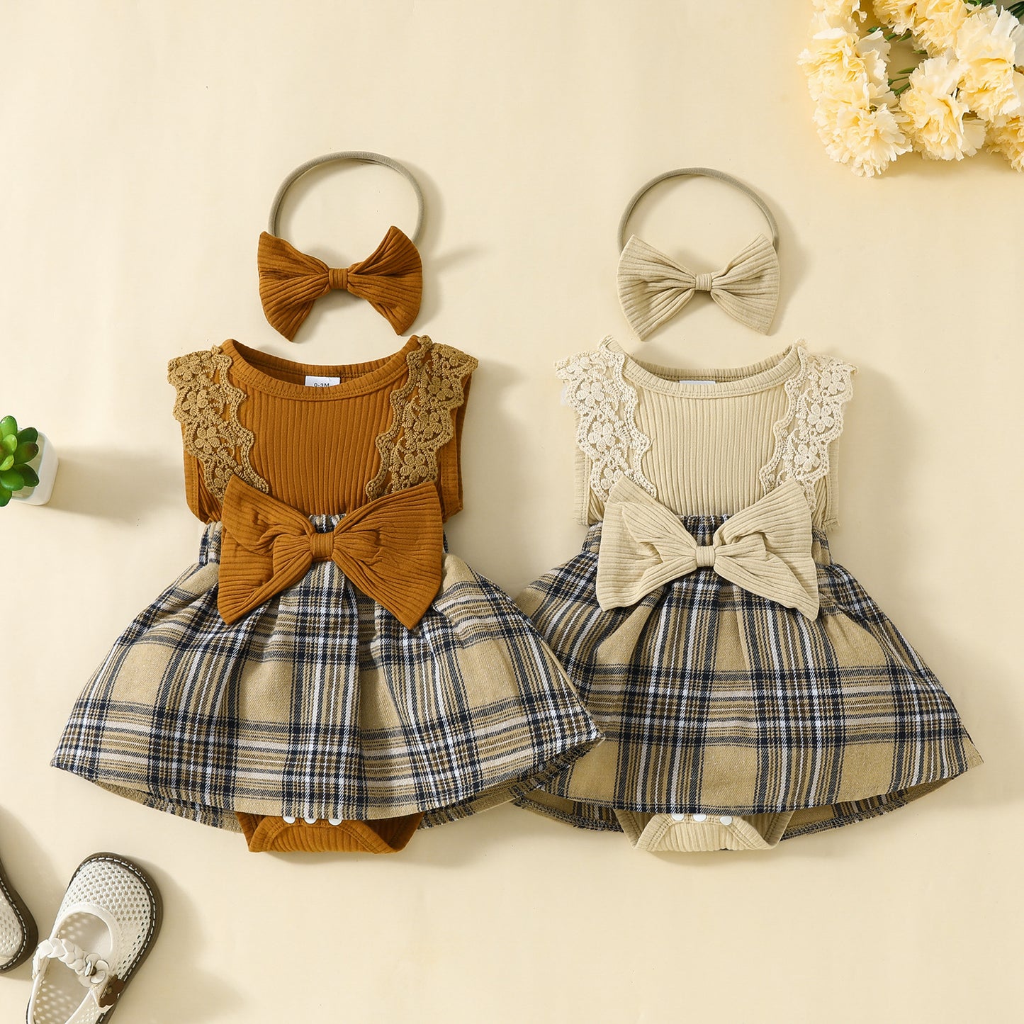 Sleeveless Triangle Gown Lace Big Bowknot Plaid Vest Jumpsuit, Climbing Suit