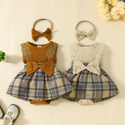 Sleeveless Triangle Gown Lace Big Bowknot Plaid Vest Jumpsuit, Climbing Suit