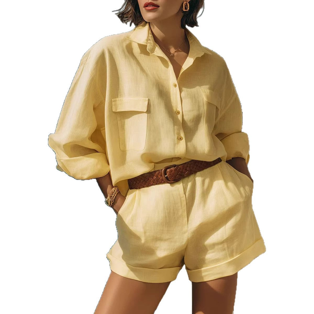 Women's Solid Color Loose Breasted Shirt Set Shorts