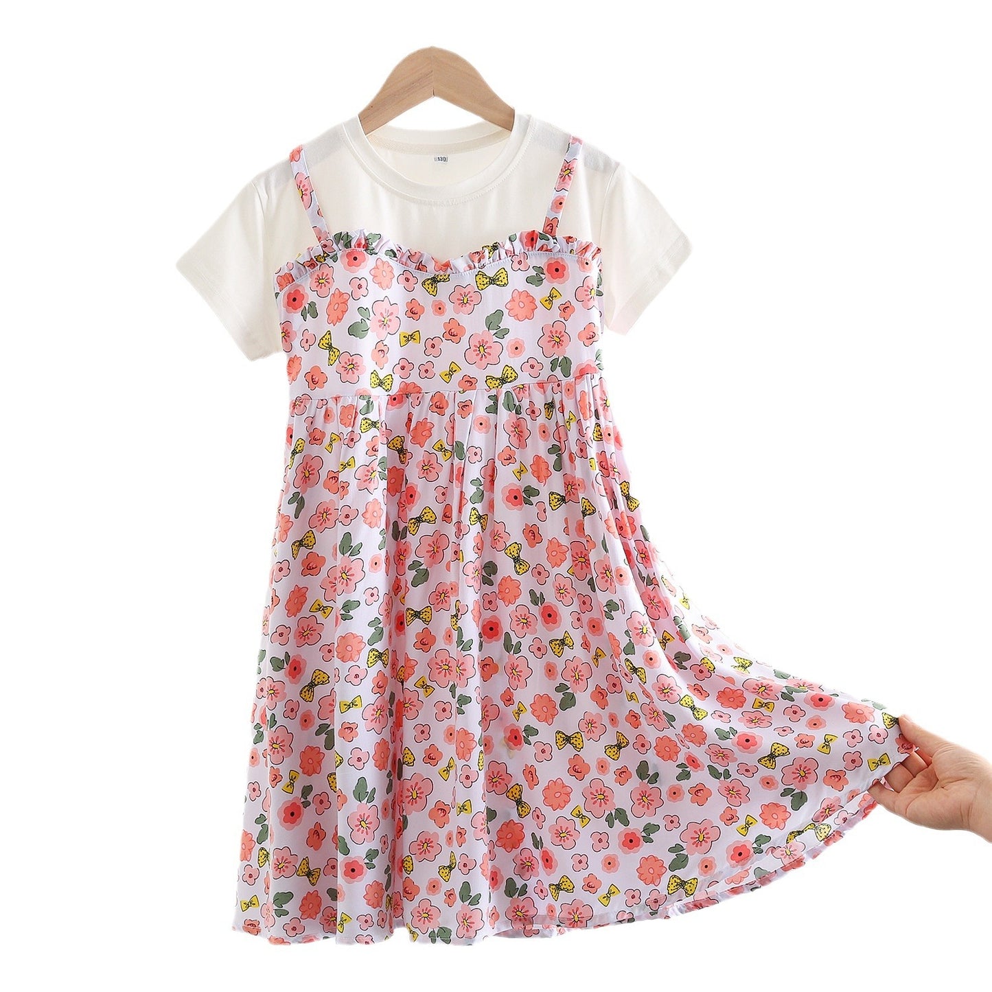 Children's Large Cotton Silk Short Sleeve Fake Two Pieces Artificial Summer Children's Dress