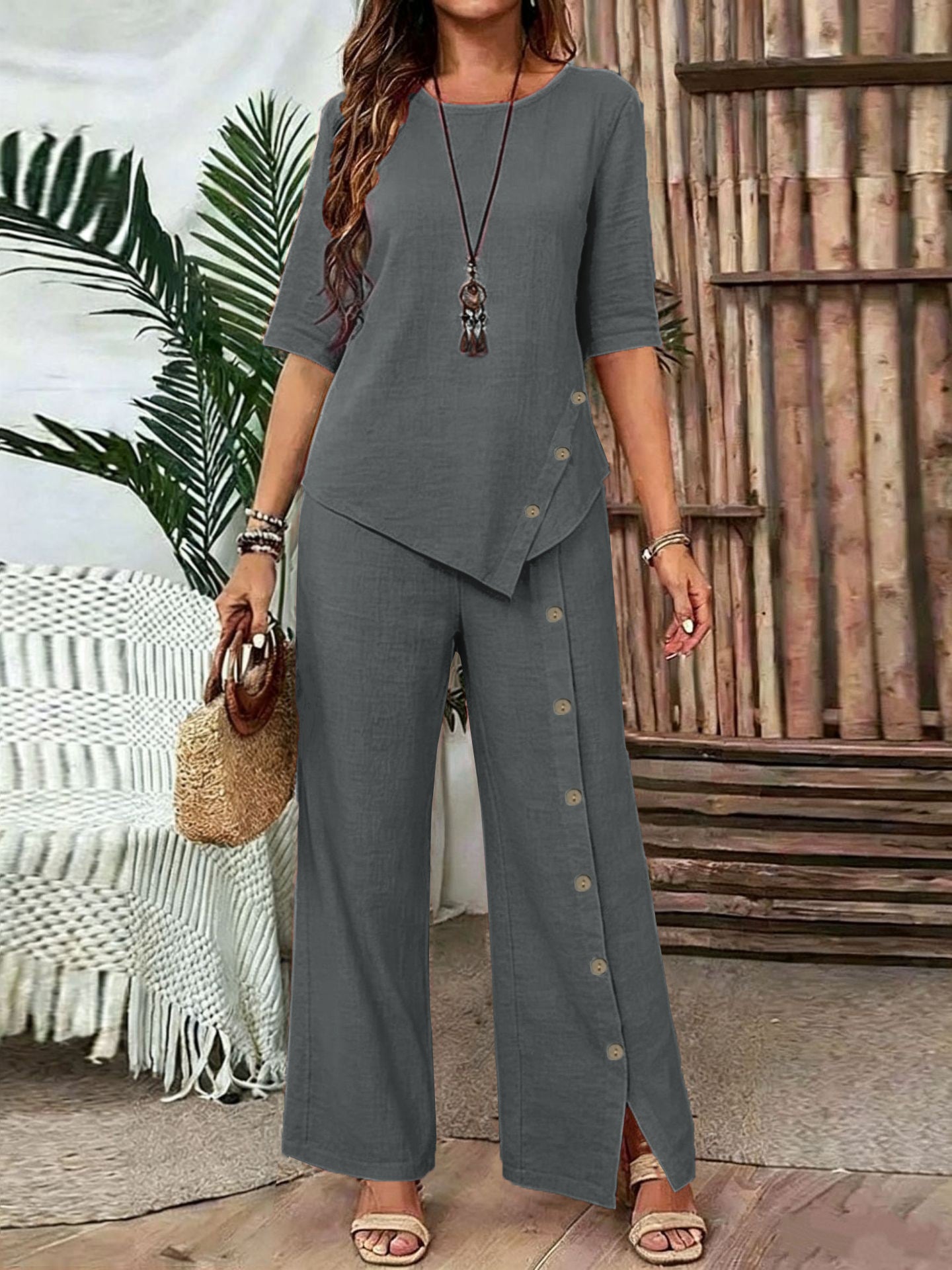 Women's Irregular Hem Trousers Button Half Sleeve Suits