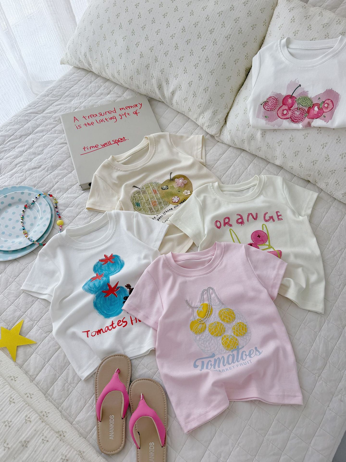 Children's Tide Cotton Short-sleeved Summer Fruit Spray Printing Pearl Embroidery Tops Children's T-shirt