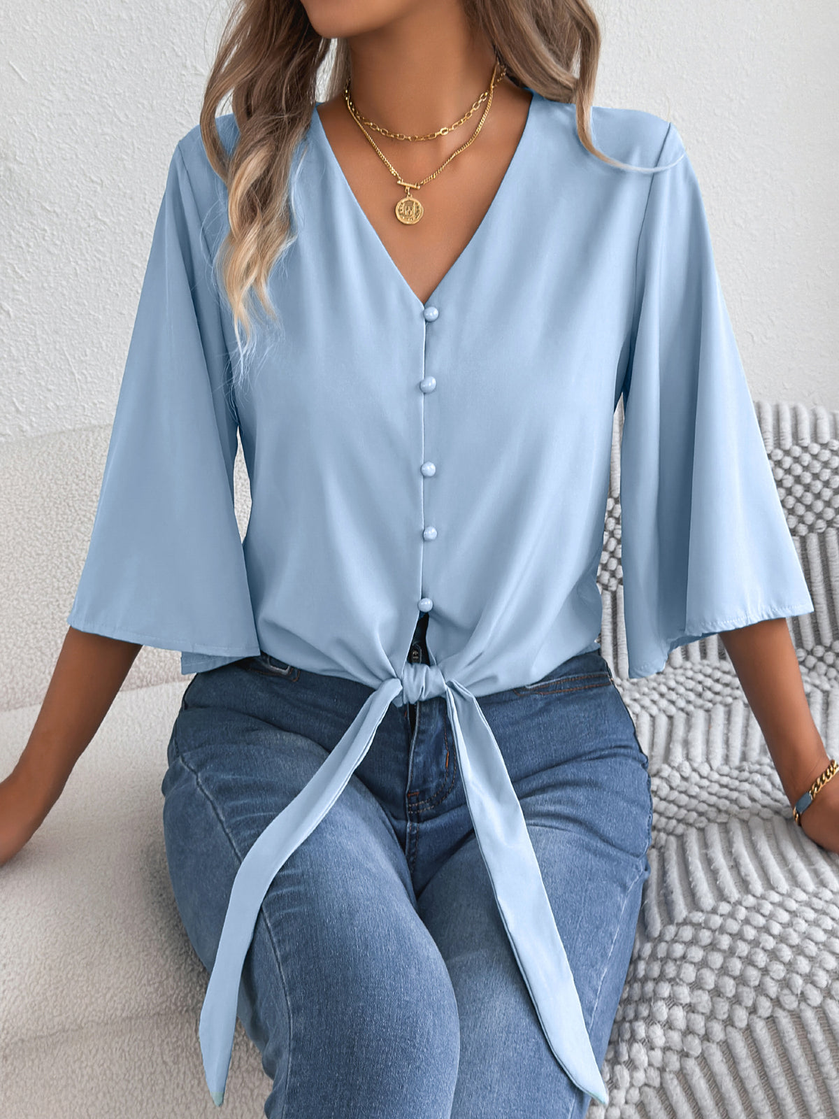 Women's Casual Button Three-quarter Sleeve Knotted Lace Shirt, Chiffon Shirt
