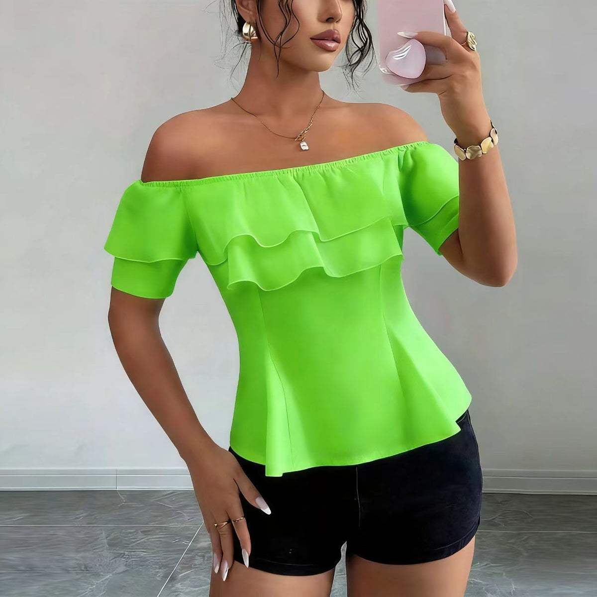 Summer Fashion Elegant Ruffled Sexy Strapless Lace Shirt, Chiffon Shirt