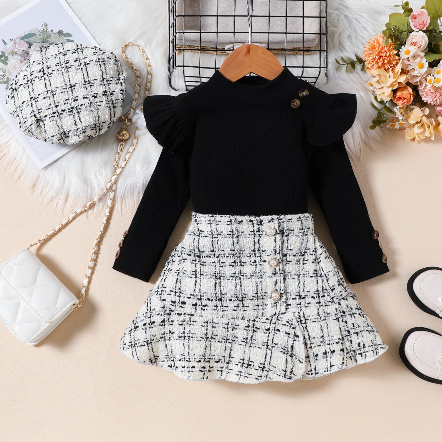 Children's Clothing Style Long-sleeved Top Classic Woven Chunky Skirt Beret Children's Suit