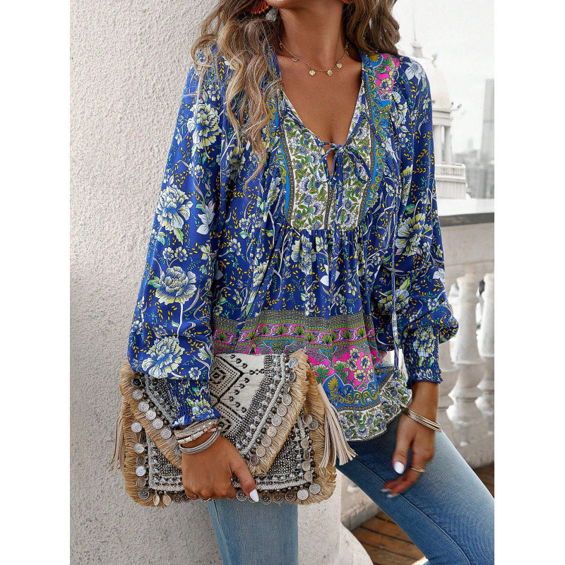 Women's Bohemian Vacation Style Printed Long Sleeve Tops