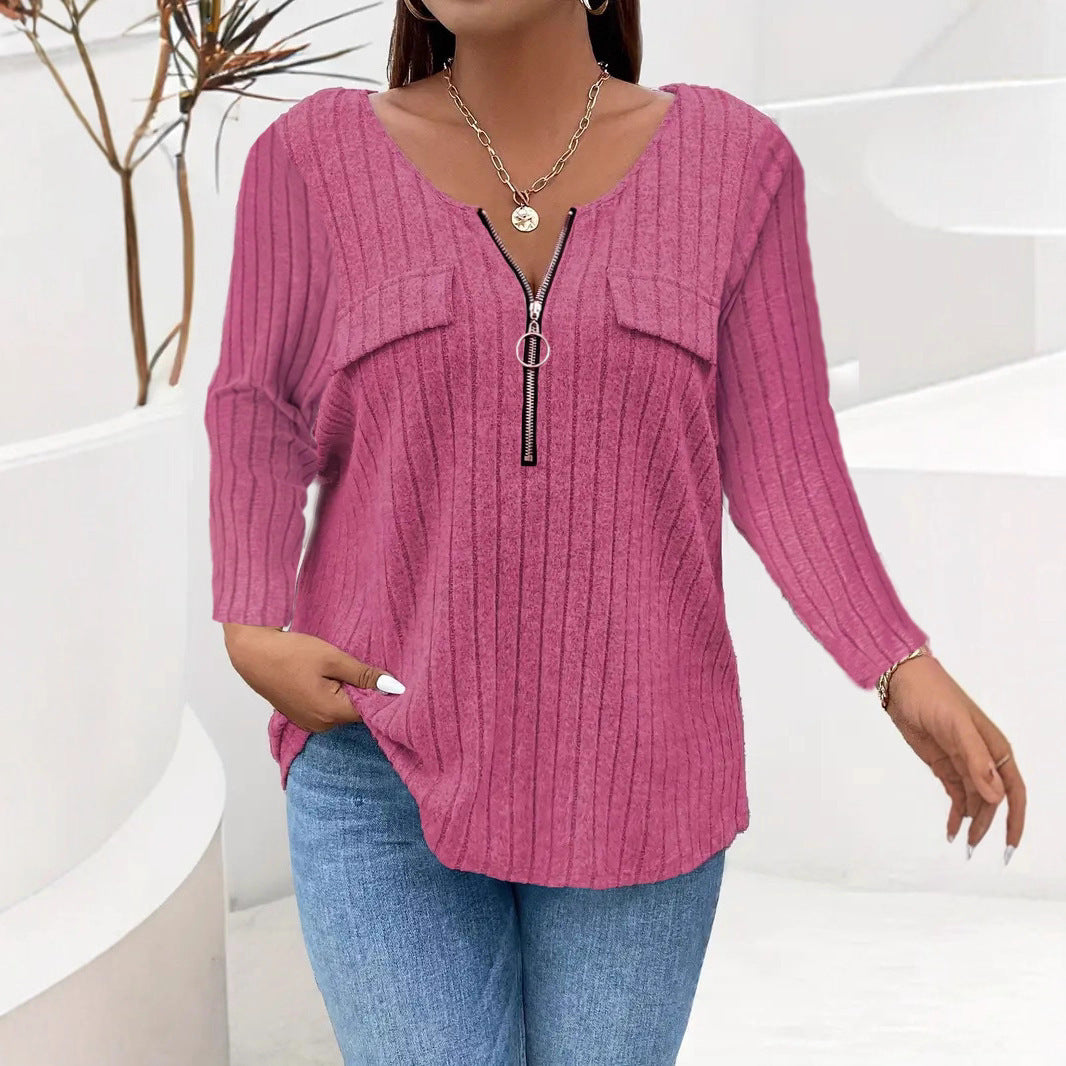 Women's Sunken Stripe Casual Solid Color Long Large Size T-shirt