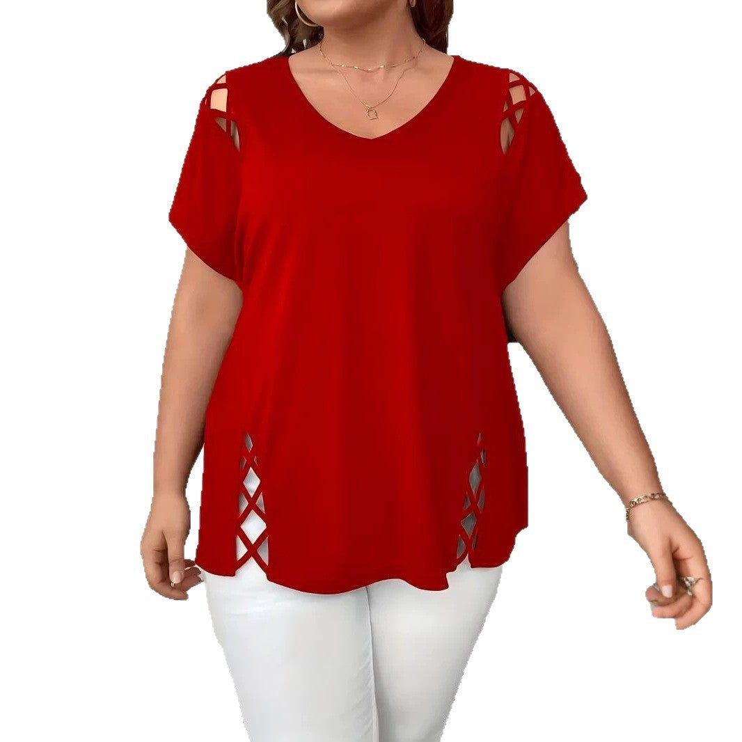 Women's Summer Casual Short-sleeved Shoulder Side Cross Large Size T-shirt
